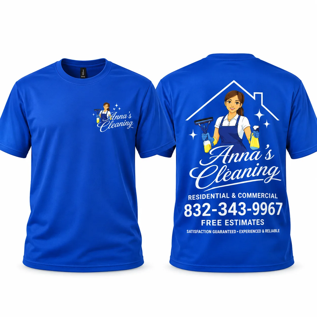 Blue company work shirts with a cleaning business logo